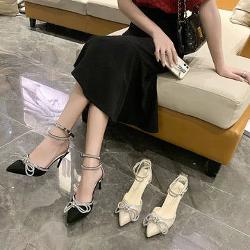 Xajzpa Banquet Dress White High Heels Elegant Temperament Dress Wedding Shoes Rhinestone Pointed Hollow Toe Sexy Sandals for Women